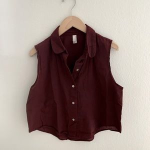 Maroon Round Collar Crop Button Down